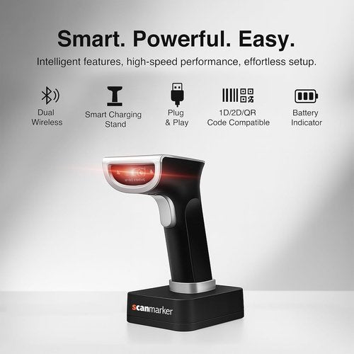 Scanmarker Wireless Barcode Scanner - Boost Speed & Accuracy with Bluetooth & 2.4G Modes | Handheld QR Scanner with Charging Stand for Laptop, iOS & Android