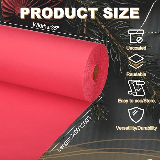 PATIKIL Wrapping Paper, 35"x2400"(200') Bulletin Board Paper Roll Kraft Paper Roll Construction 80GSM for Shipping Packing Gift Wrapping Craft Flower Bouquet Christmas, Red