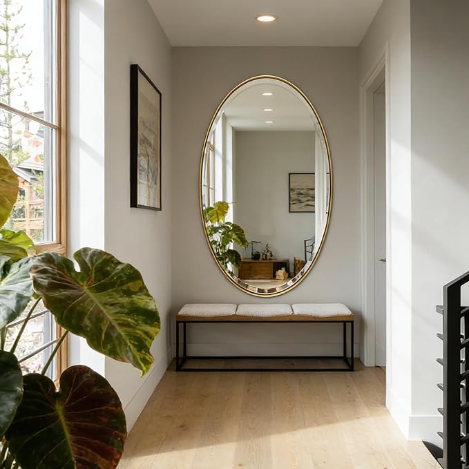 POZINO Beveled Oval Mirror, 28"x48" Brushed Gold Bathroom Mirror with Stainless Steel Frame, Modern Accent Wall Mirrors for Entryway Bedroom Hallway Living Room, Hangs Vertically or Horizontally