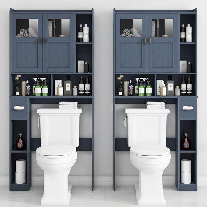 Vabches Over The Toilet Storage Cabinet, Bathroom Shelf Over Toilet with Glass Doors and Adjustable Shelves, Navy Blue Freestanding Home Space Save Toilet Rack, for Restroom, Bathroom, Laundry