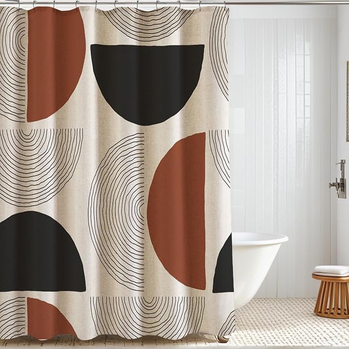 Boho Minimalistic Linen Shower Curtain Abstract Geometric Shapes Lines Fabric Shower Curtain Set with Hooks, Mid Century Modern Shower Curtains for Bathroom, 71x78 Bath Curtain