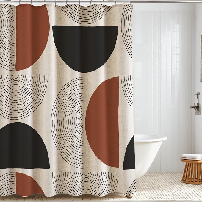 Boho Minimalistic Linen Shower Curtain Abstract Geometric Shapes Lines Fabric Shower Curtain Set with Hooks, Mid Century Modern Shower Curtains for Bathroom, 60x71 Bath Curtain