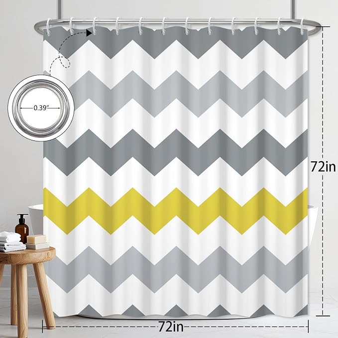 Grey Yellow Striped Shower Curtain, Chevron Zigzag Geometric Pattern Shower Curtains for Bathroom with Hooks, Hotel Style Waterproof Polyester Fabric Shower Curtain Set, Weighted Hem, 72x72 Inch