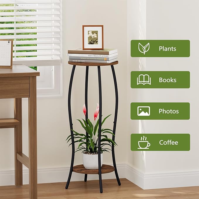 YINMIT Plant Stand Indoor, Tall Plant Stand, 2 Tier Plant Shelf Holder, Metal 4-Leg Corner Plant Stand for Indoor Plants, Wood Round Flower Stand for Living Room Balcony Garden, Retro