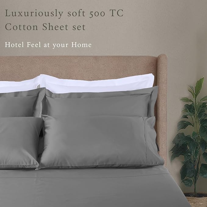 Threadmill 100% Cotton Deep Pocket/Soft/Fade Resistance, 500 Thread Count, Solid 4-Piece Bed Sheet Set (1 Flat, 1 Fitted Sheet, 2 Pillow Covers), Full, Dark Gray