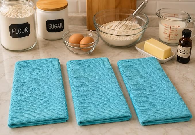 Serafina Home Aqua Light Blue Kitchen Dish Towels: (18" x 28", 3 Pack) 100% Cotton Cloth Soft Cleaning Drying Absorbent Ribbed Terry Loop, Multipurpose (Aqua Blue)