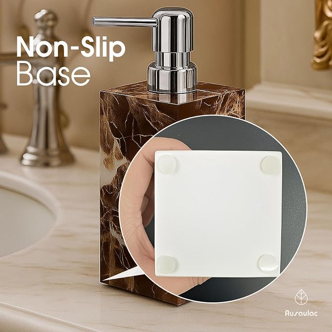 Real Natural Marble Soap Dispenser with Stainless Steel Pump Decorative Liquid Hand Soap Bottle for Kitchen Bathroom, Compatible with Lotion, Dish Soap Shower Gel (Coffee 1 Set)