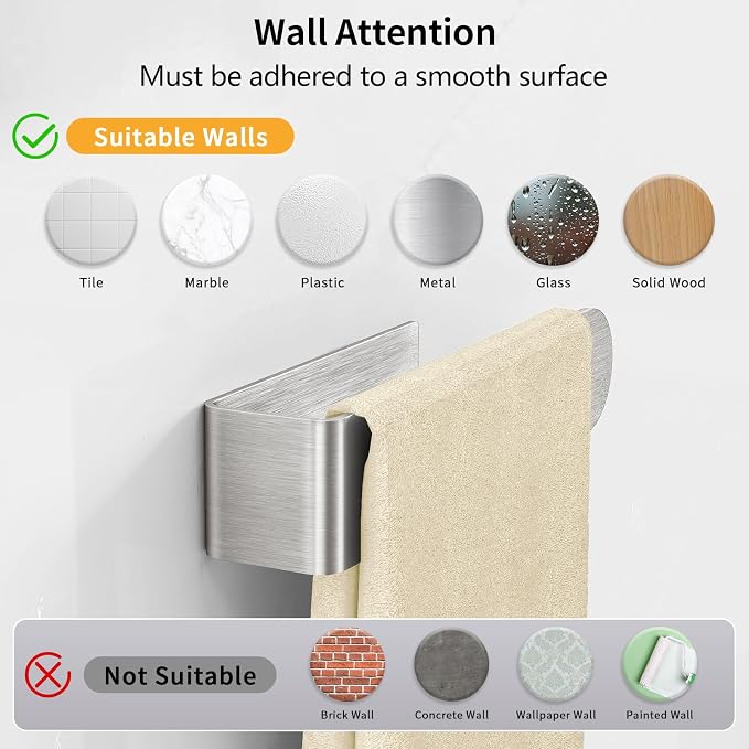 Adhesive Hand Towel Holder, 8 Inch Towel Holder for Bathroom Wall Mounted, Self Adhesive Square Stick on Towel Bar Wall for Kitchen Cabinet RV, Brushed Nickel (2 Pack)