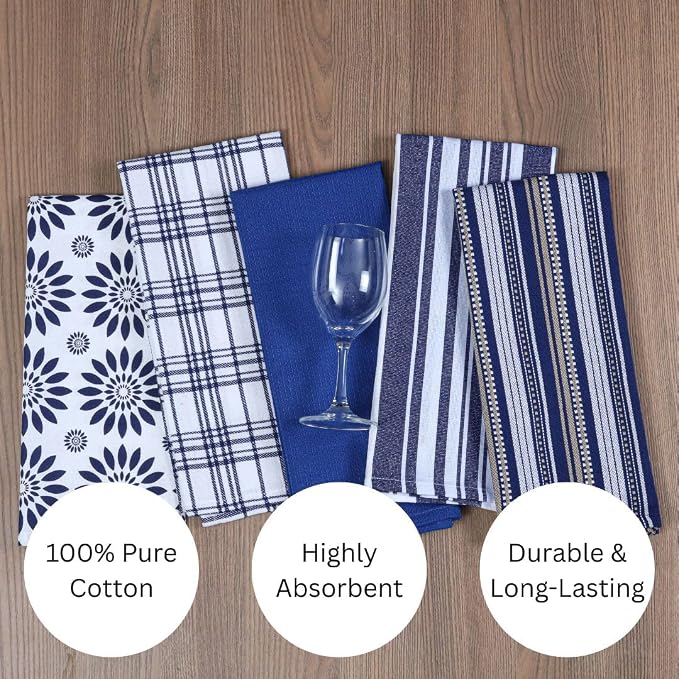 Assorted Kitchen Towels Set of 5-100% Cotton Dish Cloths Towels with Hanging Loop - Soft, Absorbent & Washable for Kitchen Use - Quick Drying Dish Towels 16x26 Inch Blue