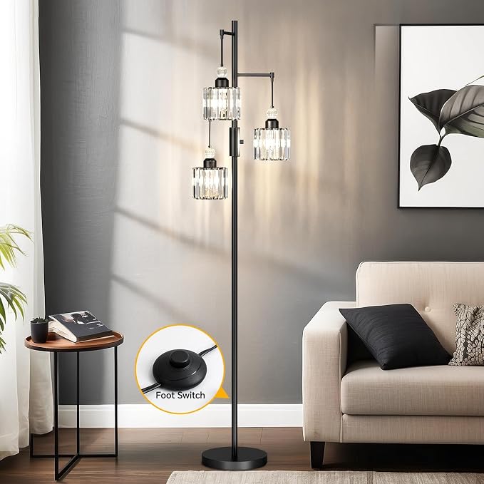 Black Tree Floor Lamp with 3 Crystal Cage Lampshades & Dimmable Bulbs - 70" Vintage Glam Standing Lamp for Living Room Bedroom, Industrial Modern Decor with Crystal Ball Accents (Black)