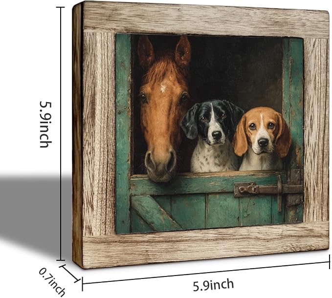 Horse and Dogs Farm Animal Wooden Desktop Sign, Rustic Farmhouse Stable Wood Plaque Tabletop Decor, Country Animal Wooden Sign for Home Office Shelf