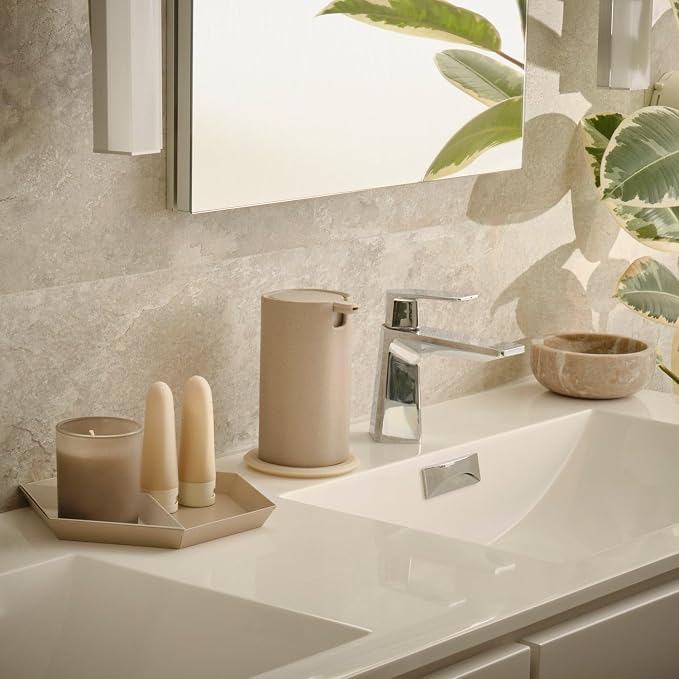 LINE+ARC Modern Easy-to-Press Soap Dispenser (Slate). No-Rust Cute Bathroom Gray Marble Kitchen Sink Ergonomic Liquid Lotion Shampoo Conditioner