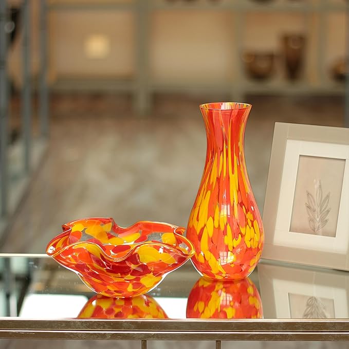 Ca D Oro Glass Vase Orange/Yellow Confetti Effect Hand Blown Murano-Style Art Glass for Flower, Room Decoration and Centerpiece - Model Nº 83