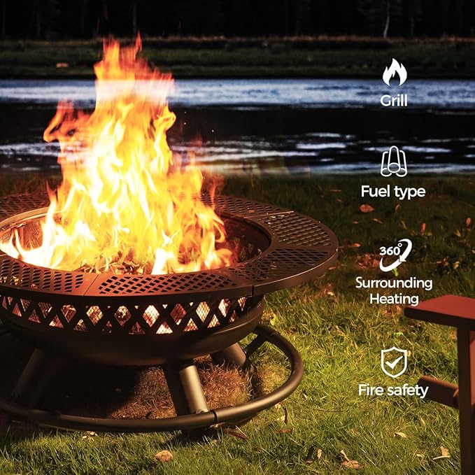 Panovue 42 Inch Outdoor Fire Pit with Grill, Large Firepit Table for Outside, Metal Round Firepits with Lid&Fire Poker,3 in 1 Wood Burning Fire Pits & Outdoor Fireplaces for Backyard,Patio(42'' Black)