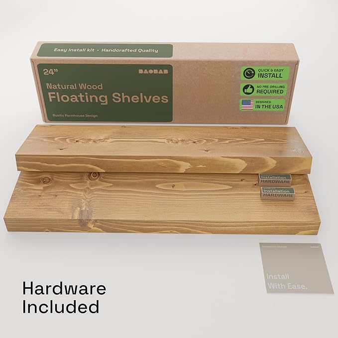 BAOBAB WORKSHOP Natural Wood Floating Shelves for Wall 24 inch - Floating Wall Shelves for Kitchen Bedroom - Wooden Bathroom Shelves - Oak Floating Shelf - 24 x 6.7 Inch, Set of 2