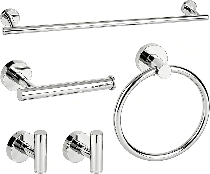 Polished Chrome Bathroom Hardware Accessories Set 5 Piece, Stainless Steel Bath Towel Bar Set 24 Inch,Toilet Paper Holder,Towel Ring Holder,Towel Rack Set,Gold Bathroom Accessories Kit Silver