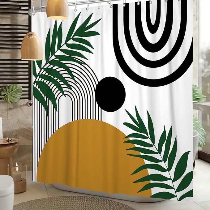 Boho Mid Century Shower Curtain Bohemian Abstract Modern Sun Bathroom Curtain Geometric Arch Curve Leaves Polyester Shower Curtain Sets for Bathroom Extra Long 72x72 in with 12 Hooks
