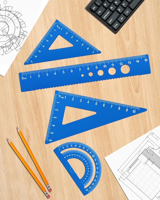 Honagu Triangular Ruler Set, 4 Pieces Aluminum Alloy Ruler, Metal Drafting Ruler, Geometric Protractor for Students, Draftsmen, Engineers, School Office Supplies (Sky Blue)