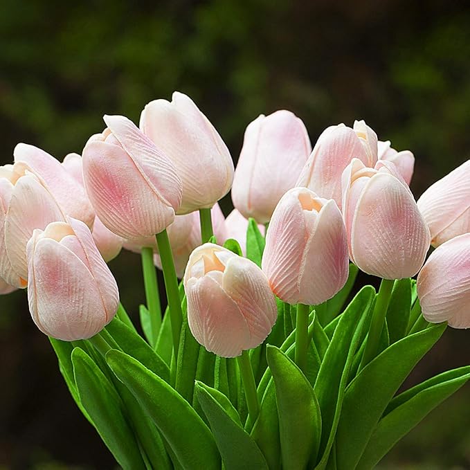 ENOVA HOME 20 Pieces Artificial Real Touch Tulips Flower Arrangement in Glass Vase with Faux Water for Home Decoration (Pink)