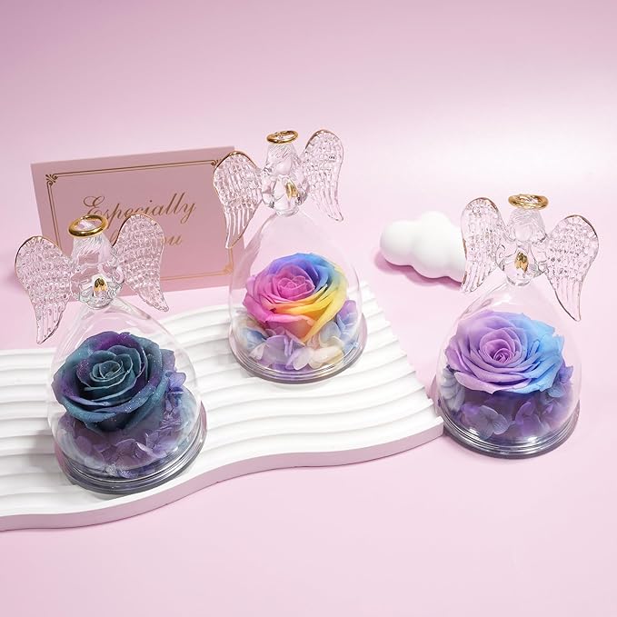 Yamonic Mom for Mom Grandma, Angel Figurines with Real Rose Birthday Gifts for Moms Women, Preserved Rose Flower Angel Figurines for Mothers Day Valentine's Day Gifts for Her(Rainbow)