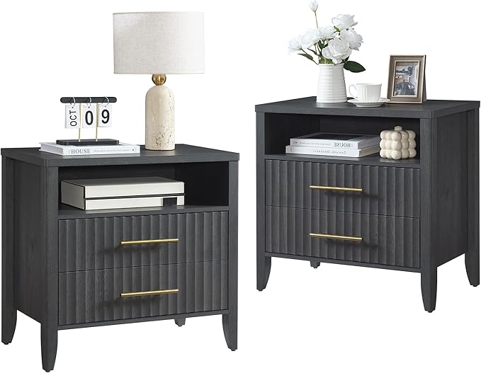 Fluted Nightstands with 2 Drawers, 27" Modern Nightstands Set of 2 with Storage Shelf, Large Queen Size Bedside Table and End Table for Bedroom,Hallway,Office, Dark Gray