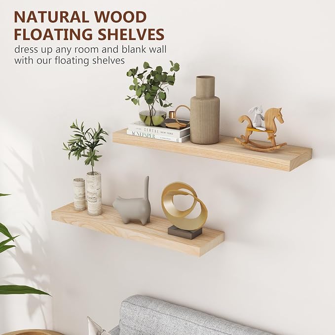 fuqing 30 Inch Floating Shelves | Natural Wood Wall Shelves Set of 2 | 30" W x 6.7" D Natural Wooden Floating Shelves for Living Room Bedroom Home Office
