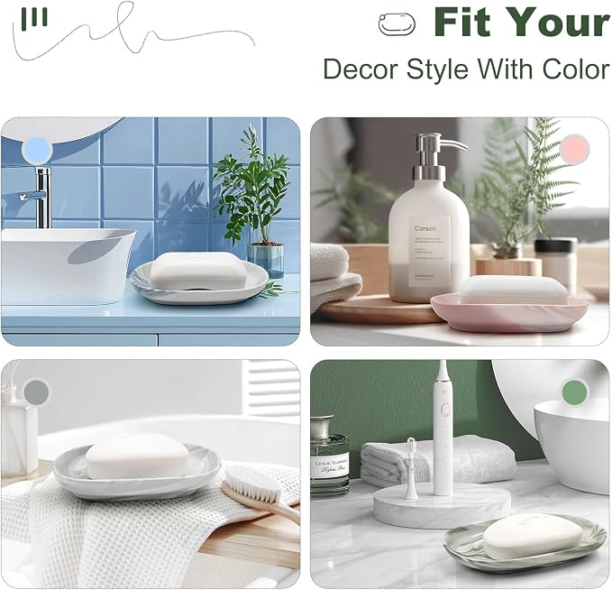 Elegant Ceramic Soap Dish for Shower with Unique Marble Texture, Decorative Bar Soap Holder for Bathroom & Kitchen, Easy Clean Versatile Oval Soap Dishes for Soap Bar