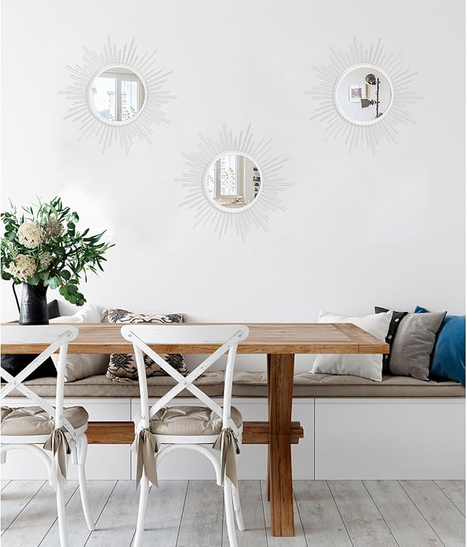 Mirror Wall Decor White Mirrors for Wall Metal Sunburst Mirrors Home Decoration Wall Art Decorative Mirror Suitable for Living Room Bedroom Bathroom Entrance Set of 3 12''