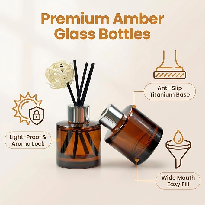2 PCS 50ml/1.7oz Empty Aromatherapy Diffuser Bottles Amber Essential Oils Containers DIY Fragrance Accessories Diffuser Craft Projects for Wedding Party Home Fragrance Bathroom Decoration
