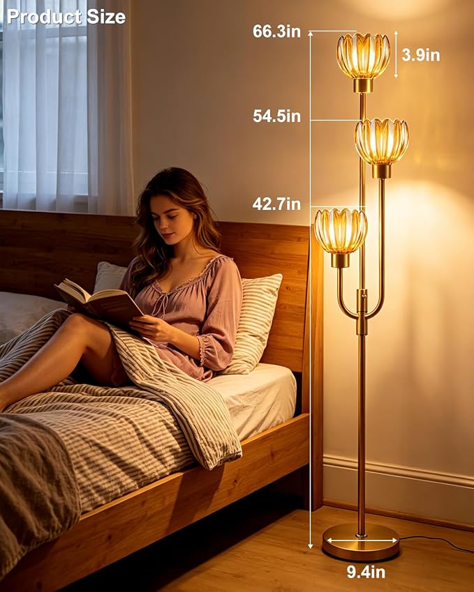 Lightdot 3-Lights Modern Glass Floor Lamp Gold Dimmable Floor Lamps with 3000K Warm White Bulbs for Wedding Party 66IN Tall Standing Lamp with Amber Glass Shade for Living Room/Bedroom/Home Decor