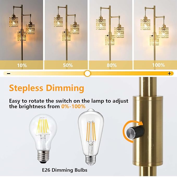 Industrial Floor Lamp,Dimmable Floor Lamp,Gold Tree Lamp Standing Lamp Tall Pole Lamps with 3 Elegant Crystal lampshades for Living Room Bedroom Office, Indoor