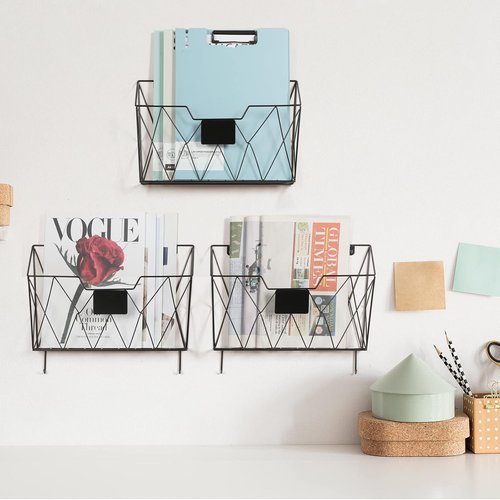 OYEAL Wall File Organizer - Metal 3-Pocket Mail Holder with Hooks for Home or Office - Black