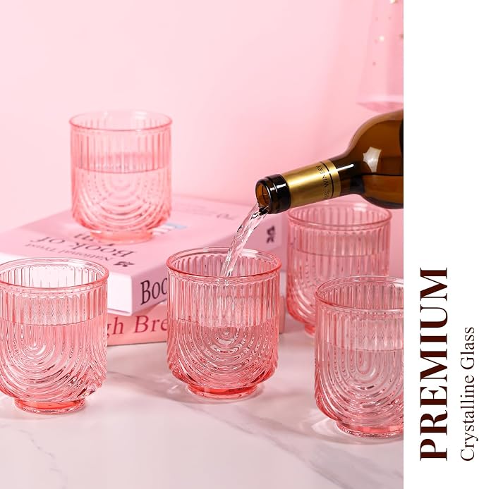 Pink Vintage Drinking Glasses Set of 6-15oz Hand-Blown Highball Ribbed Glassware, Arch Design Cocktail Glasses for Whiskey Water Beverages Ice Coffee Juice Milk