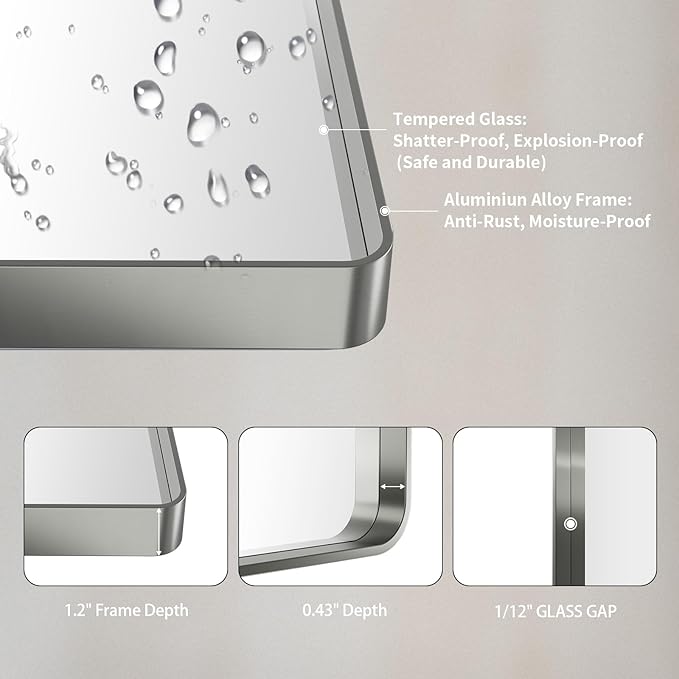 LOAAO 22X30 Inch Brushed Nickel Bathroom Mirror, Rounded Rectangle Silver Metal Frame Mirror, Brushed Nickel, Anti-Rust, Hangs Horizontally or Vertically