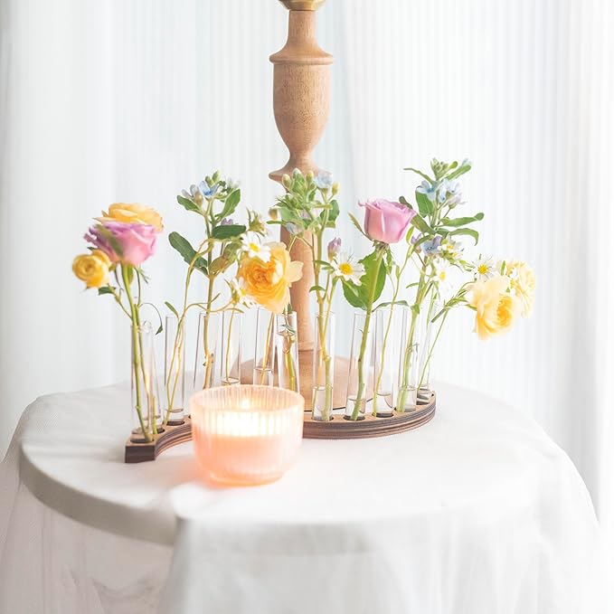 Test Tube Vases for Flowers，Small Plant Propagation Station，S Shape Plant Terrarium with Wooden Stand(Amber)