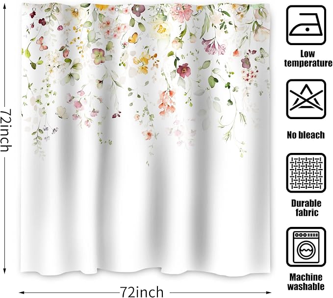 Floral Shower Curtain, Watercolor Flower Colorful Wildflower Machine Washable Waterproof Fabric for Bathroom Bathtub Decor with Hooks 72x72