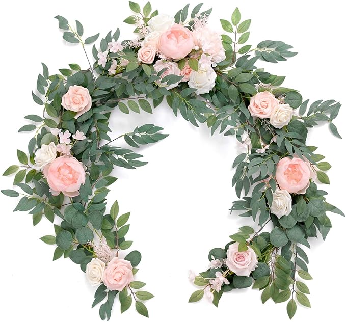 Ling's moment Arch Flower Garland - 6FT Eucalyptus & Rose - Sweetheart Table Decor for Wedding Reception, Artificial Floral Garland for Mantle, Thanksgiving, Christmas Decoration, Blush Pink & Cream