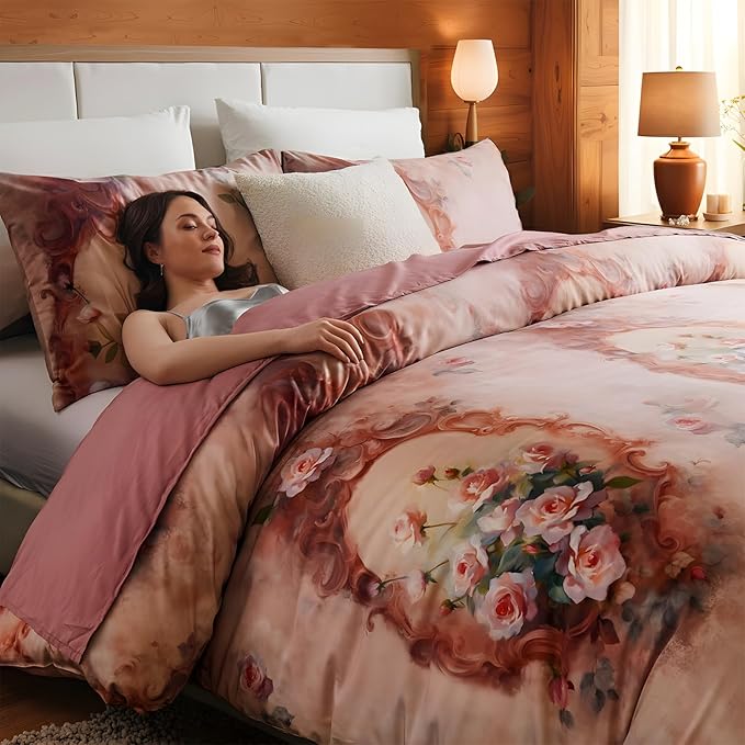 100% Cotton Duvet Cover Set King Size – Pink French Vintage Rose Bedding with Zipper Closure, 3-Piece Luxury Romantic Shabby Chic Floral Comforter Cover with 2 Pillowcases