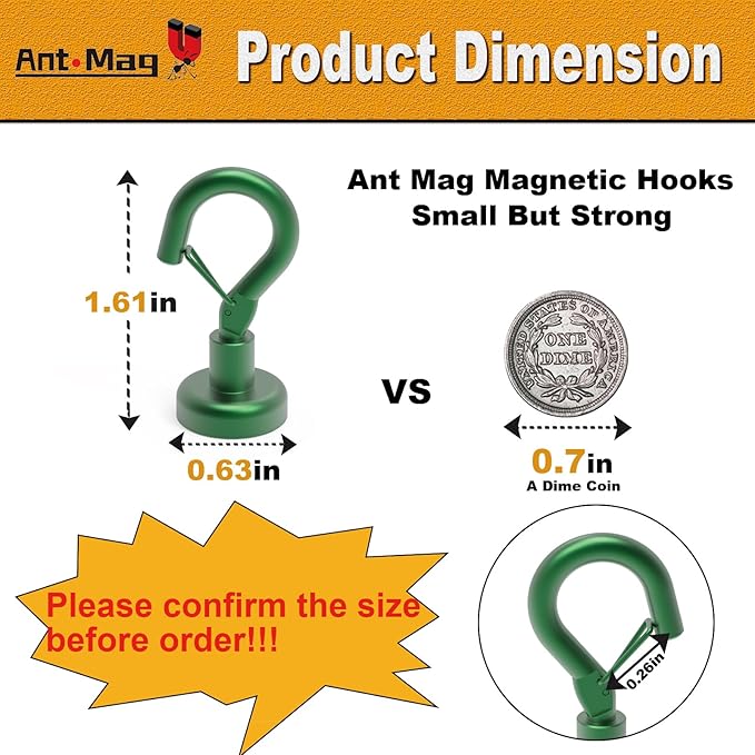 Ant Mag Magnetic Hooks Heavy Duty with Snap 22lbs Strong Green Magnet Hooks Great Hanging for Refrigerator, Cruise Cabin, Grill, Wreath,Kitchen,Office 8 Pack