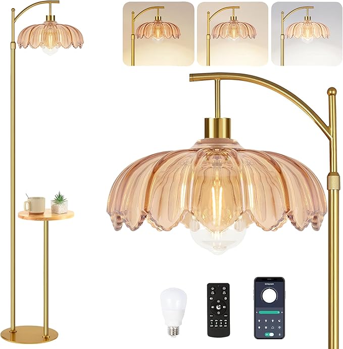 QIYIZM Gold Floor Lamp with Table and Shelves for Living Room Bedroom,Glass Standing Lamp with Remote Dimmable,Boho Brass Tall Lamp Vintage Farmhouse Arc Flower Floor Light Bohemian