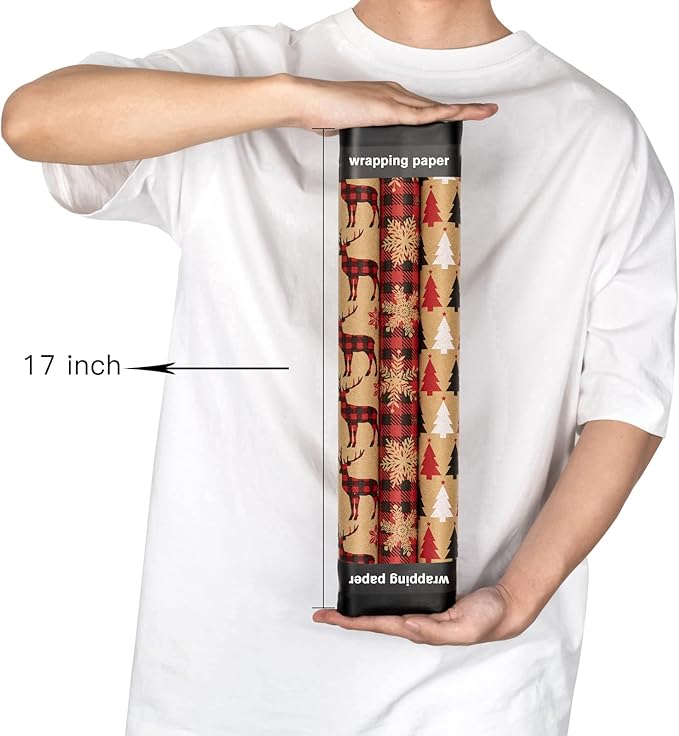 MAYPLUSS Kraft Christmas Wrapping Paper Roll - Mini Roll - 17 inch X 120 inch Per roll - 3 Different Red Reindeer & Snowflakes Design (42.3 sq.ft.ttl)