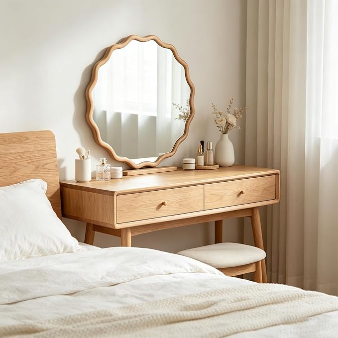 24" Wavy Edge Round Mirror, Solid Wood Framed Wall Decor with Clear Reflection for Bathroom, Bedroom, Living Room & Entryway (Solid Wood)