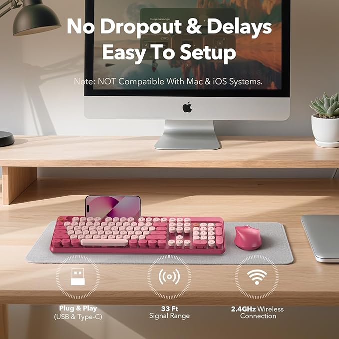 Wireless Keyboard and Mouse Combo, Retro Round Keycaps, Full-Size Cute Typewriter Keyboard with Large Phone/Tablet Holder, Auto-Sleep, 2.4GHz Cordless Connection for Windows/PC/Laptop