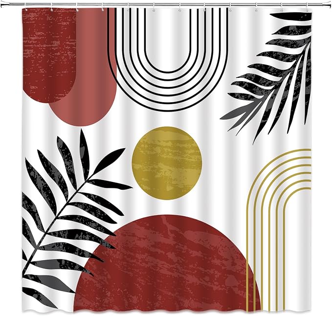 Mid Century Modern Shower Curtain Boho Red Abstract Retro Aesthetic Fabric for Bathroom Decor Bathtub with Hooks (67" WX70 H)