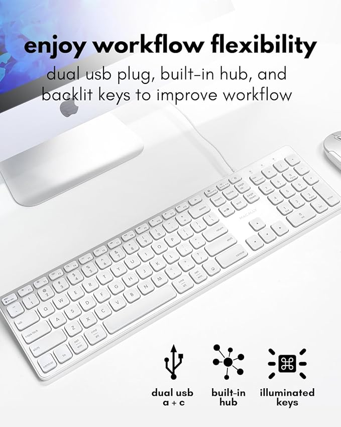 Macally Wired Keyboard for Mac with USB Hub (2X USB-A / 1x USB-C) - Compatible Backlit Apple Keyboard with Dual Interface - Auto OS Detection for Mac, MacBook, iMac, PC, Android, iPad, iOS - Silver