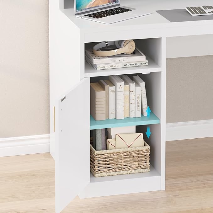Computer Desk with 3 Drawer & Storage Shelves, Home Office Desk with File Drawer & Cabinet, Writing Study Table with Long Monitor Stand & Printer Shelf, Executive Desk, White