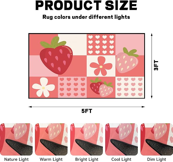 Strawberry Checkered Rug Cute Red Area Rug Love Flower Washable Carpet for Entryway Bedroom Living Room Kitchen Nursery Home Decor Soft Non Slip Floor Mat，3'x5'