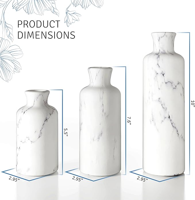Creative Scents White Marble Look Vases Home Decor - Vase Set of 3 - Perfect for Holding Pampas Grass, Dried/Fresh Flowers, Vases for Your Kitchen, Bedroom, Office, Living/Dining Room, or Shelf Decor