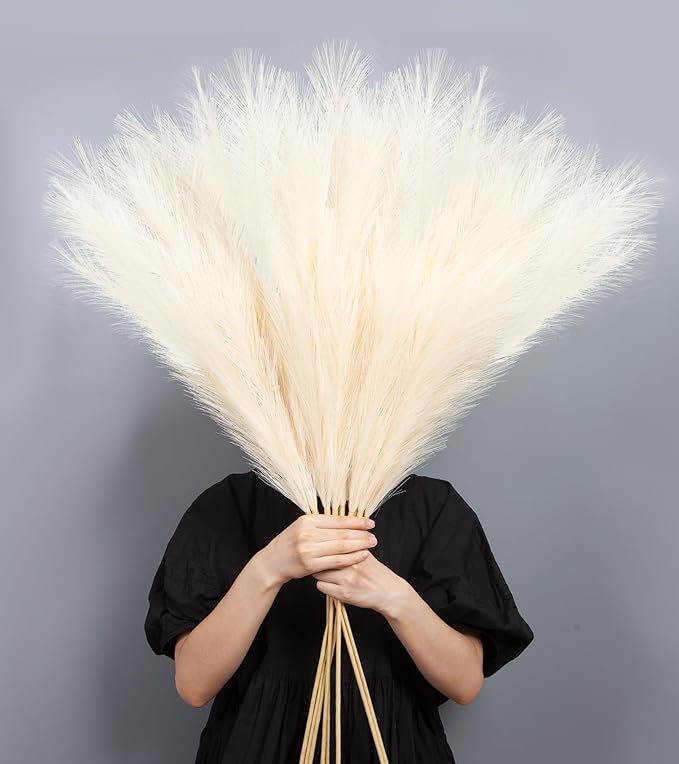 9 Pcs 45" Tall Pampas Grass Beige Decor, Long Stem Artificial Flower Floor Vase Large Faux Floral Pompas Fake Plants Dried Bouquet Arrangement Vase Filler for Boho Home Wedding Decoration