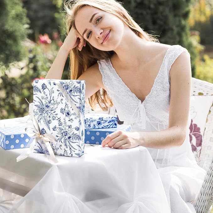 Yarcony Blue Floral Wrapping Paper Roll, Blue and White Wrapping Paper, Elegant Vintage Toile Flower Garden Gift Wrap for Upscale Gifts, Wedding, Birthday, Baby Shower, Mother's Day (17 In X 16.5 Ft)